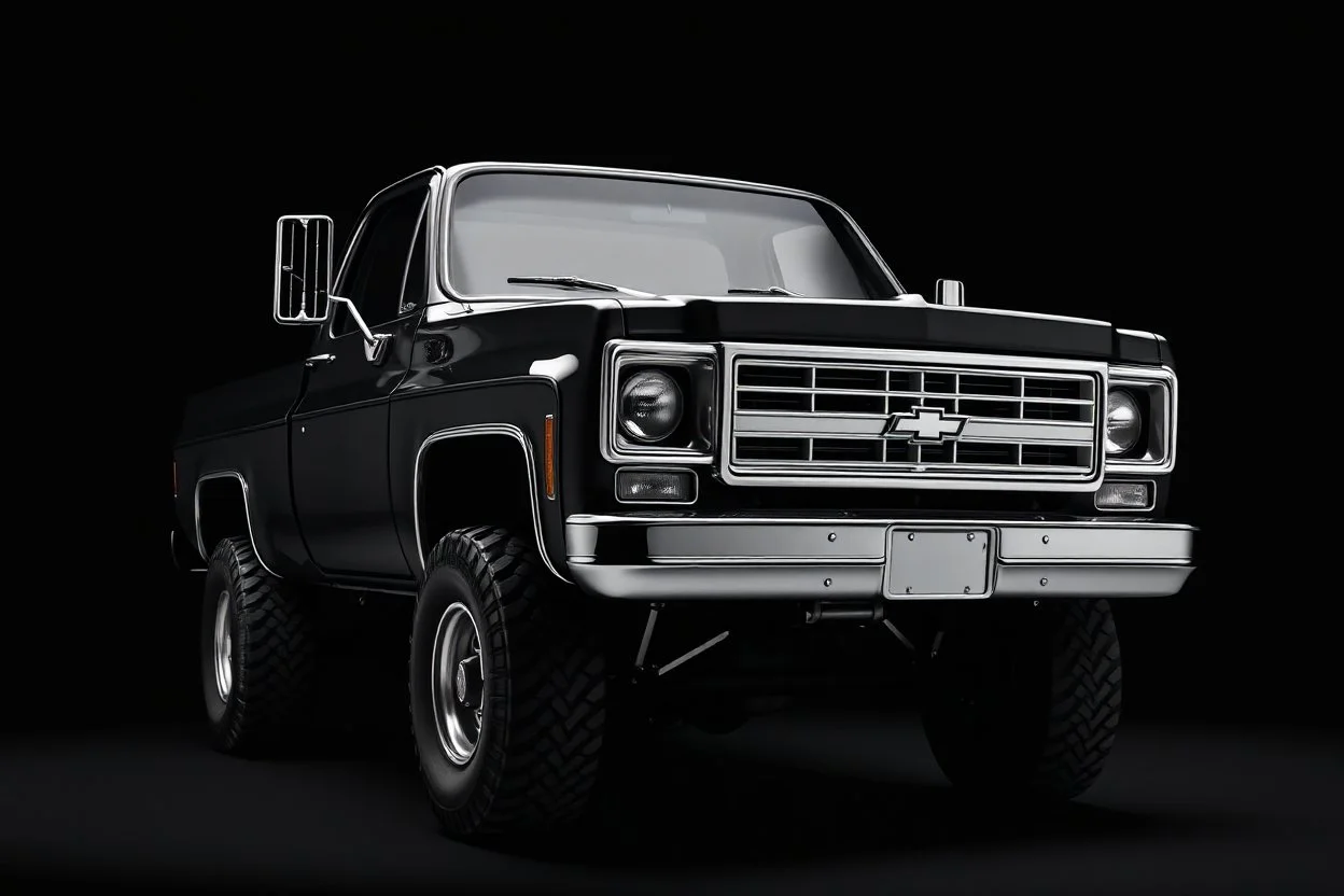 front corner 1973 Chevrolet square body truck(lifted) facing a little to viewer's left, dark gray background, high contrast black and white vector
