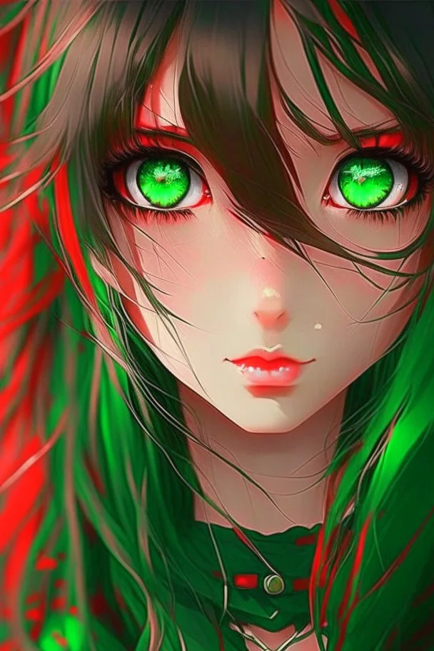 beautiful anime girl, red, nice, black, green eyes