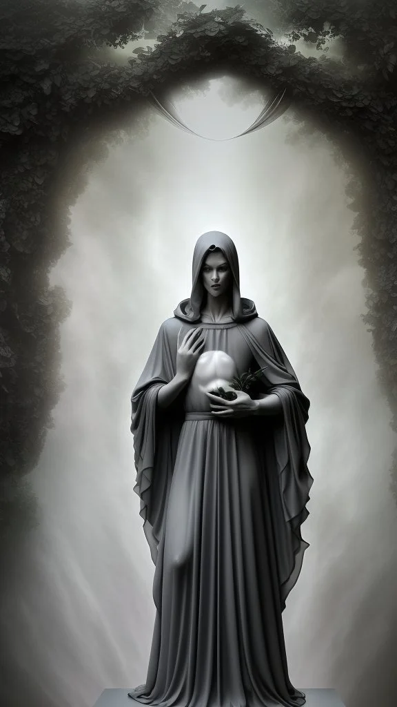 In a mesmerizing and ethereal manner, an otherworldly being emerges in the form of a translucent grey hood statue flowing smoky black robes. He is holding a bouquet of black roses, Forward facing a big tree in the background