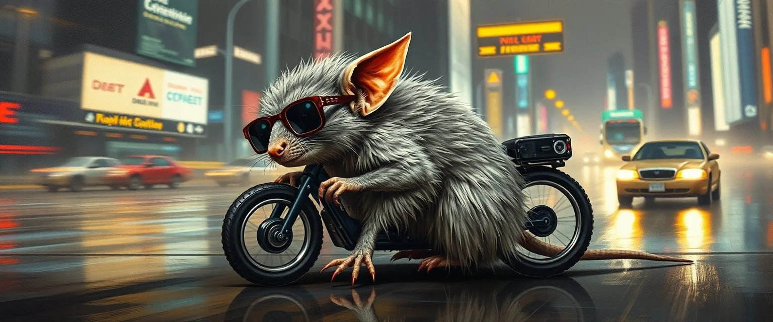 master oil painting by Rembrandt, the tilted quilter,glasses and ticks, cyberpunk imagery synchronized stylized fluffy gremlin with wolf rat aura laying low with drumming kit flat power trike flickering stable core, wet reflective salt flat city, fast motion blur background, translucent tube cars, technocracy mega tv