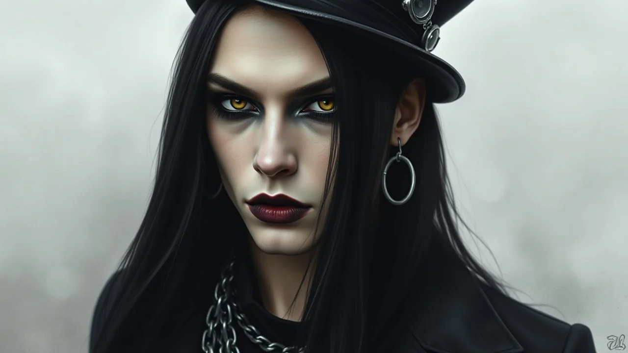 medium close from drawing a striking gothic emo male model with long black hair and intense dark yellow eyes, wearing dramatic black eyeliner and lipstick. He has pale, smooth skin with strong, sharp facial features. The model is adorned with gothic accessories silver chains , circle earring and black steampunk hat. The overall mood is dark, mysterious, and elegant, with a high-fashion gothic aesthetic. The background is softly lit with fog in gray tones, focusing all attention on the face