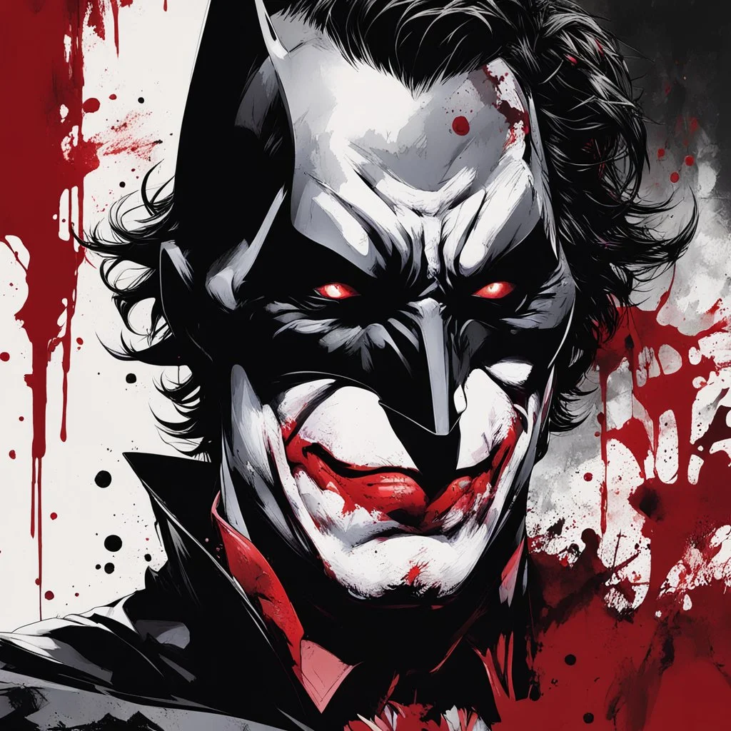 poster in two gradually, a one side half face Batman dark tones and other side half face Joker darkred tones, painting by Yoji Shinkawa,