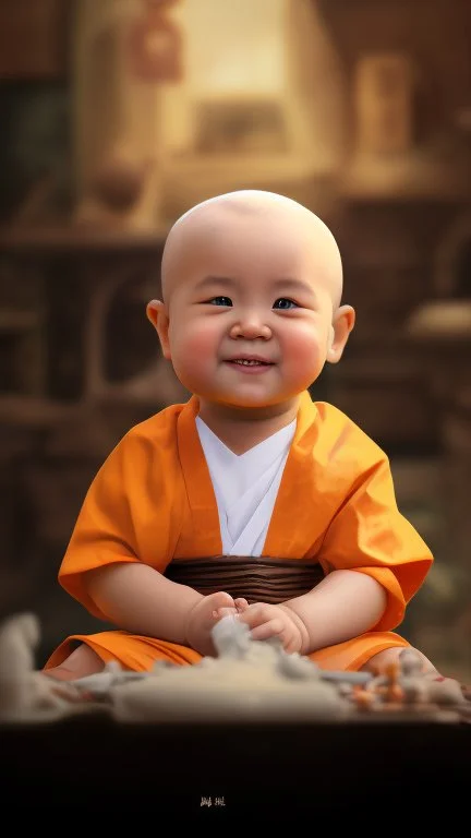 A 3-year-old monk boy with round cheeks, sitting, looking at the camera, light gray monk costume with white neckline, cute and cute, masterpiece, high quality, highly detailed.