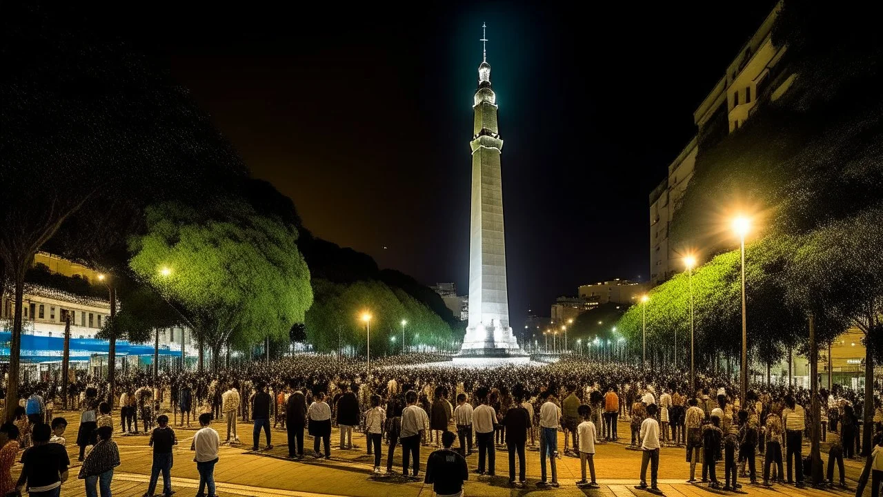 ciudad de buenos aires, es de noche, hay un montón de gente alrededor bailando y tomando, luces blancas y coloridas, se muestra el obelisco