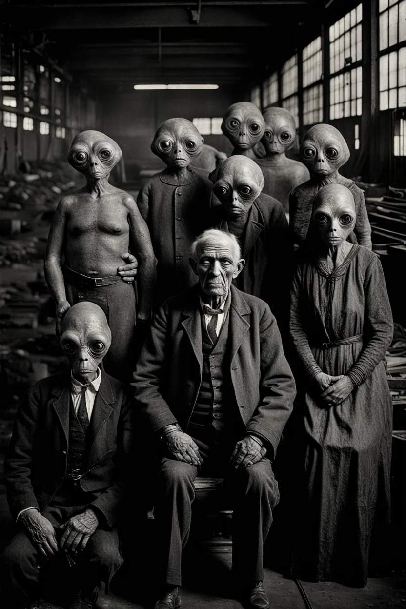 1900's black and white vintage photo, interior, working alien organ manufacturing factory warehouse, unhappy and angry,stange long grey alien human hybrid creature with a family that is sad, captured on square format film, grainy, aged, old men depressed, tired, 1900 fadded