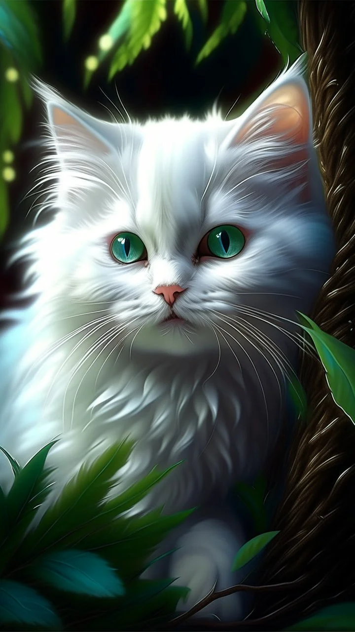 White baby cat , Hiding In Fluffy Thick Pine Branches, Full-Back Hood Fur, Mother Of Pearl, Caricature, Realism, Beautiful, Delicate Shades, Sweetness, Lights, Intricate, CGI, Art Botanical, Animal Art, Art Decor, Realism, 4k, Detailed Drawing, Depth Of Field, Digital Painting, Computer Graphics, Raw Foto, HDR