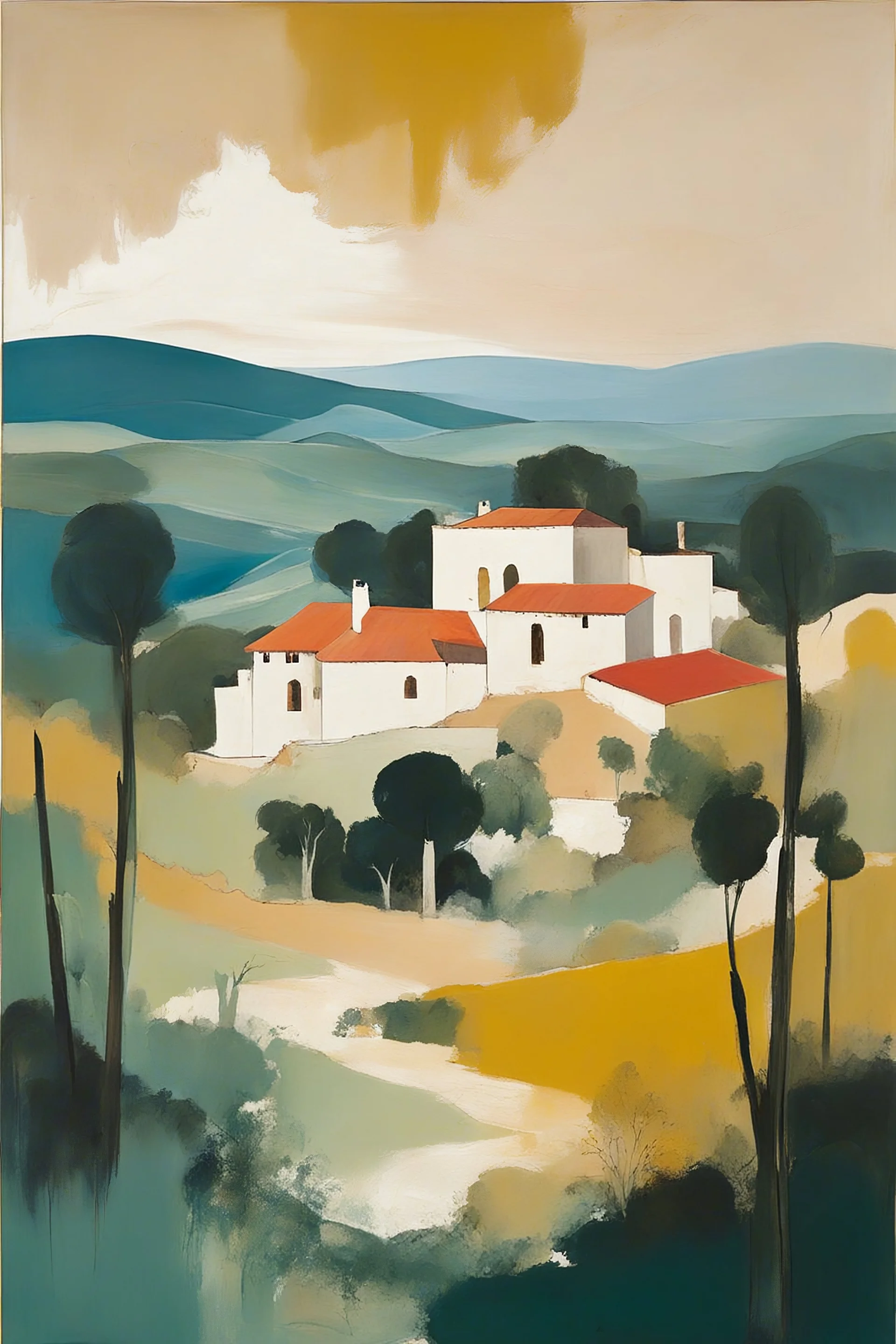 an abstract painting of an idyllic 16th century Spanish villa set amidst rolling hills and ancient olive groves , in the imagery-stain painting style of Helen Frankenthaler and Jean-Michel Basquiat muted natural colors, museum quality masterpiece