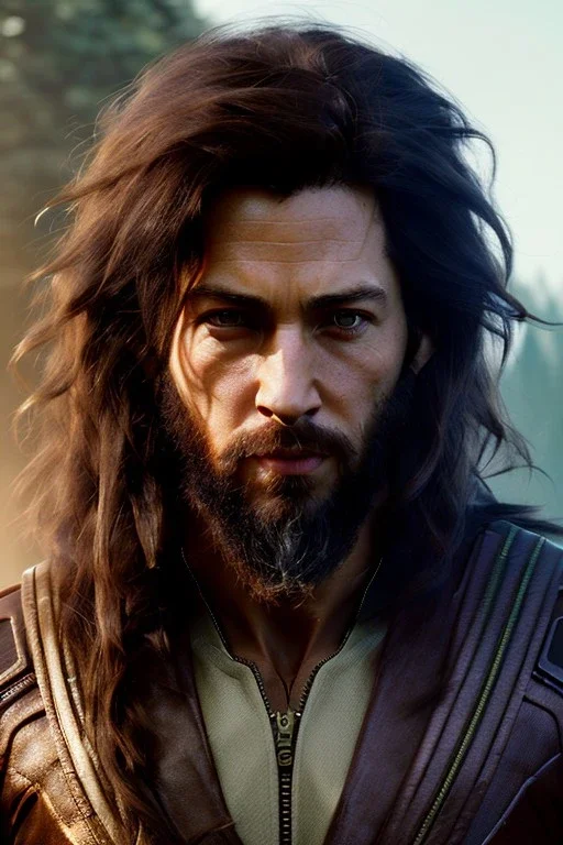 Human Male Druid character, muscular, brown hair, long hair, wild hair, yellow eyes, scars on body, waist up portrait, 4k resolution, intricate details, ornate details, soft lighting, vibrant colors, retroanime, masterpiece, natural background, realistic, no shirt