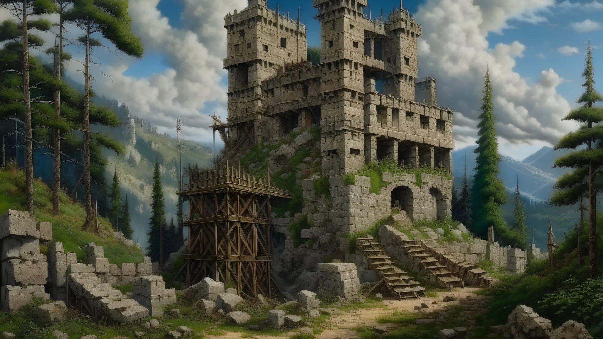 A ruined stone fortress, repaired with wood, scaffolding, palisades, spikes, half destroyed, realistic, medieval, painterly, Bob Ross painting