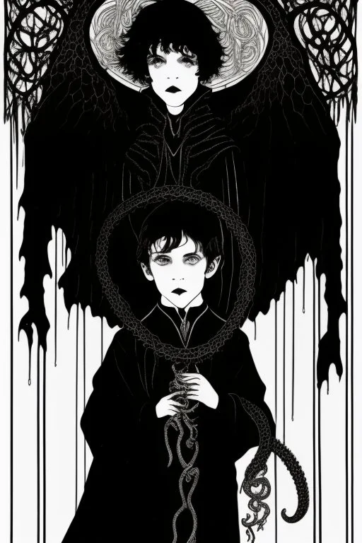 7 year old boy, necromancer, friendly, looks dead,with a lamprey serpent , wearing black robes, in the style of Harry Clarke