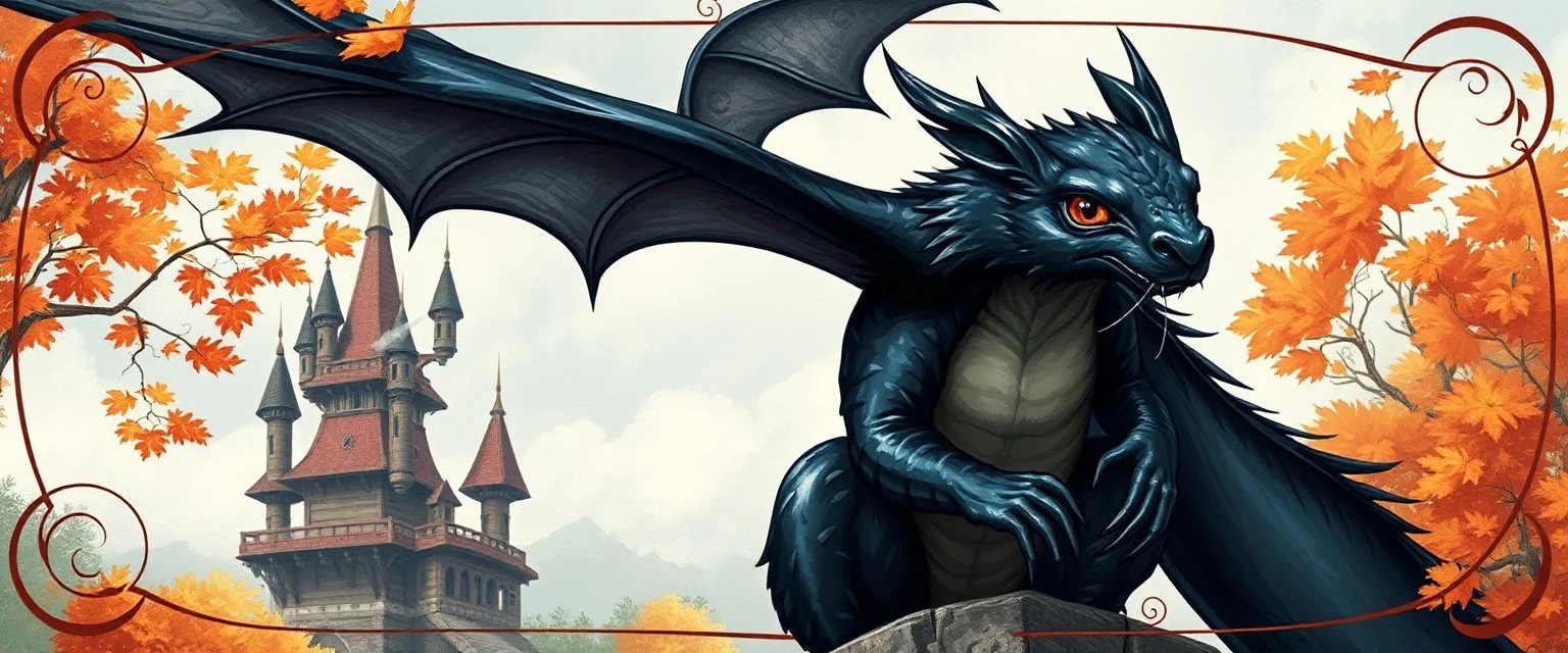 portrait of a shiny black dragon squirrel in autumn, flying above wooden castle, breathing smoke, book cover illustration, with swirly border