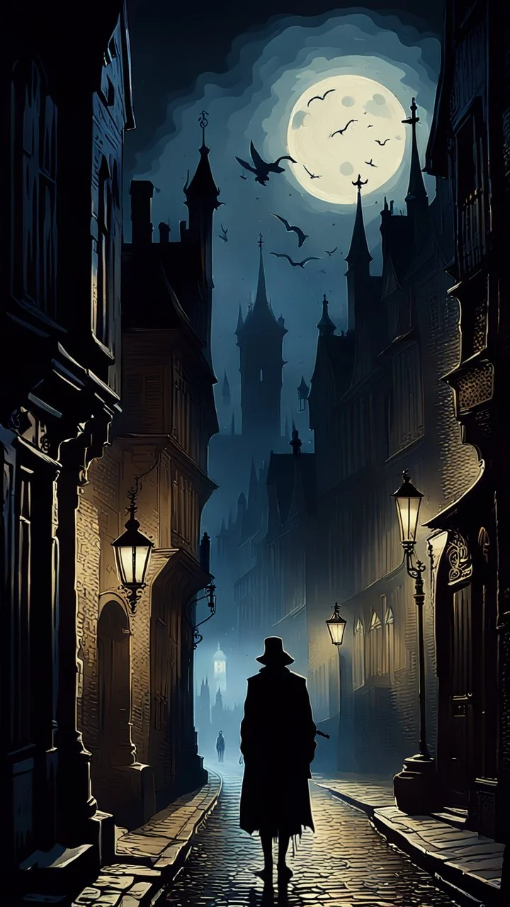 Ultra-detailed digital image of an old city street at night in the moonlight with a silhouette of a passerby, gothic medieval atmosphere, inspired by old Paris, a slight horror flavor, inspired by the stories of H.P. Lovecraft, close-up, low angle, imitation of a real oil painting, dripping paint, well-balanced composition, sense of depth in the scene, dark colors, professional Hollywood color correction, intricate details, highest rendering quality, octane rendering, sharp focus