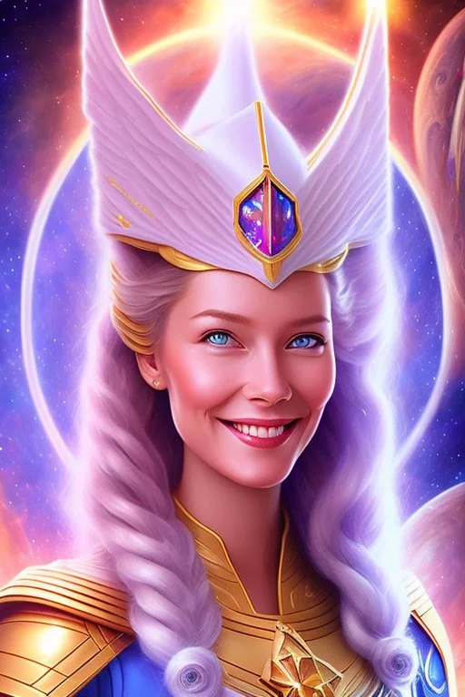 young cosmic woman admiral from the future, one fine whole face, large cosmic forehead, crystalline skin, expressive blue eyes, blue hair, smiling lips, very nice smile, costume pleiadian,rainbow ufo Beautiful tall woman pleiadian Galactic commander, ship, perfect datailed golden galactic suit, high rank, long blond hair, hand whit five perfect detailed finger, amazing big blue eyes, smilling mouth, high drfinition lips, cosmic happiness, bright colors, blue, pink, gold, jewels, realistic, real