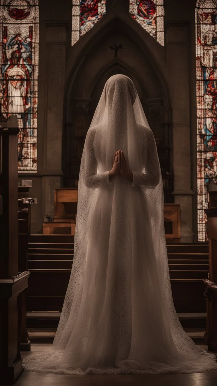 girl alone wearing lace veil with blood on it praying in church.cinematic.