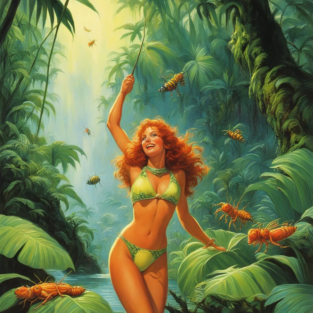 Excited Caterpillar: Bruce Pennington’s 1974 cover art for a Pretty redhead wearing a swimsuit with her arms above her head, in the jungle, she is covered in insects and laughing.