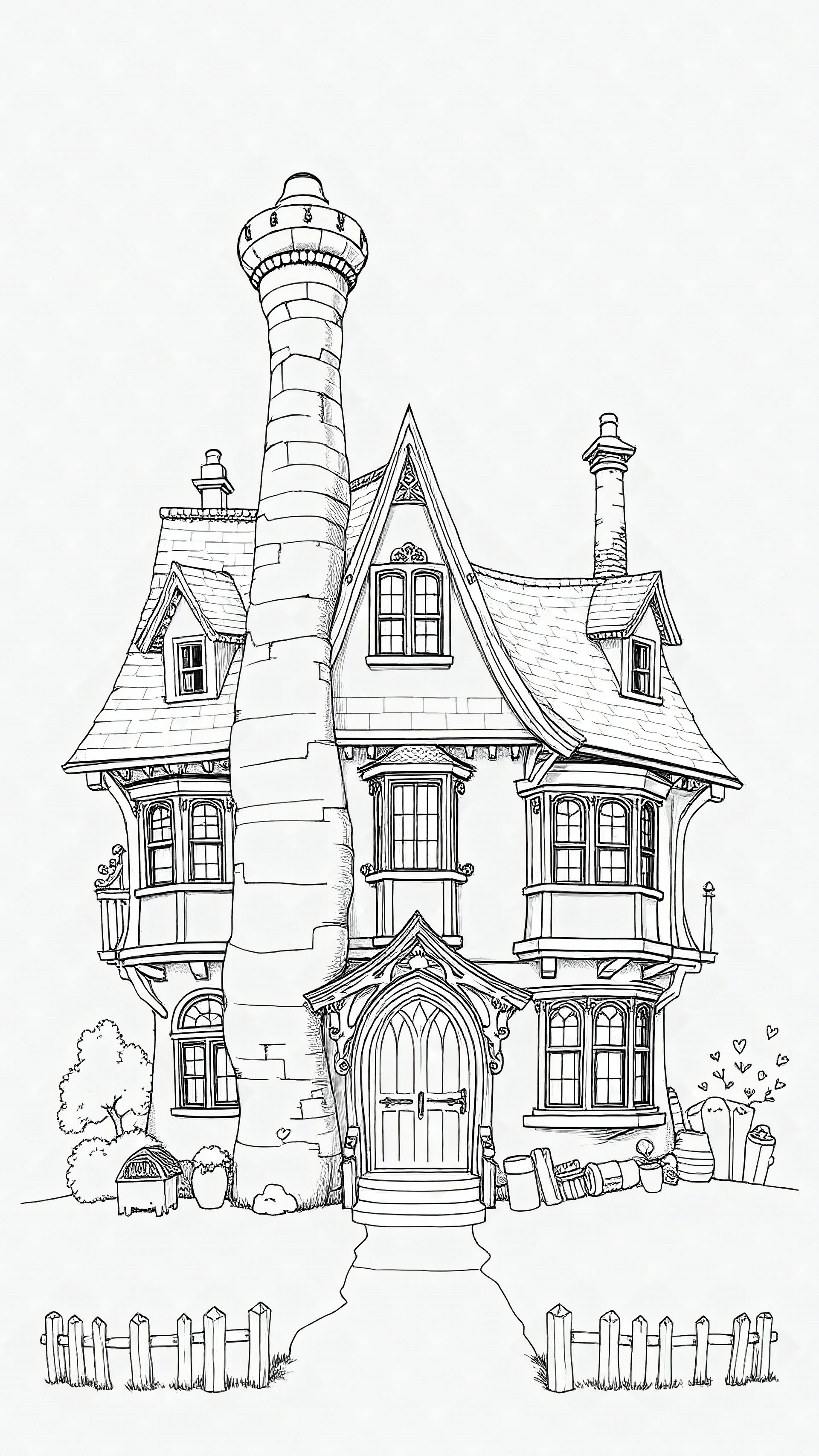 A highly detailed front elevation line drawing of a crooked fantasy house, with a twisted tall chimney, rooms and floors added to the sides and roofs, like Harry Potter's the Burrow.