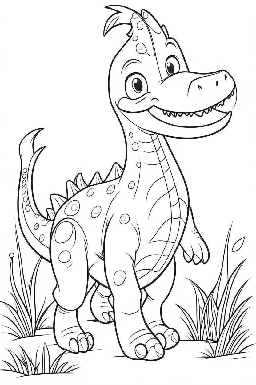 dibujo para colorear de lindo dinosaurio, fondo blanco, de cuerpo entero y trazos claros y delimitados