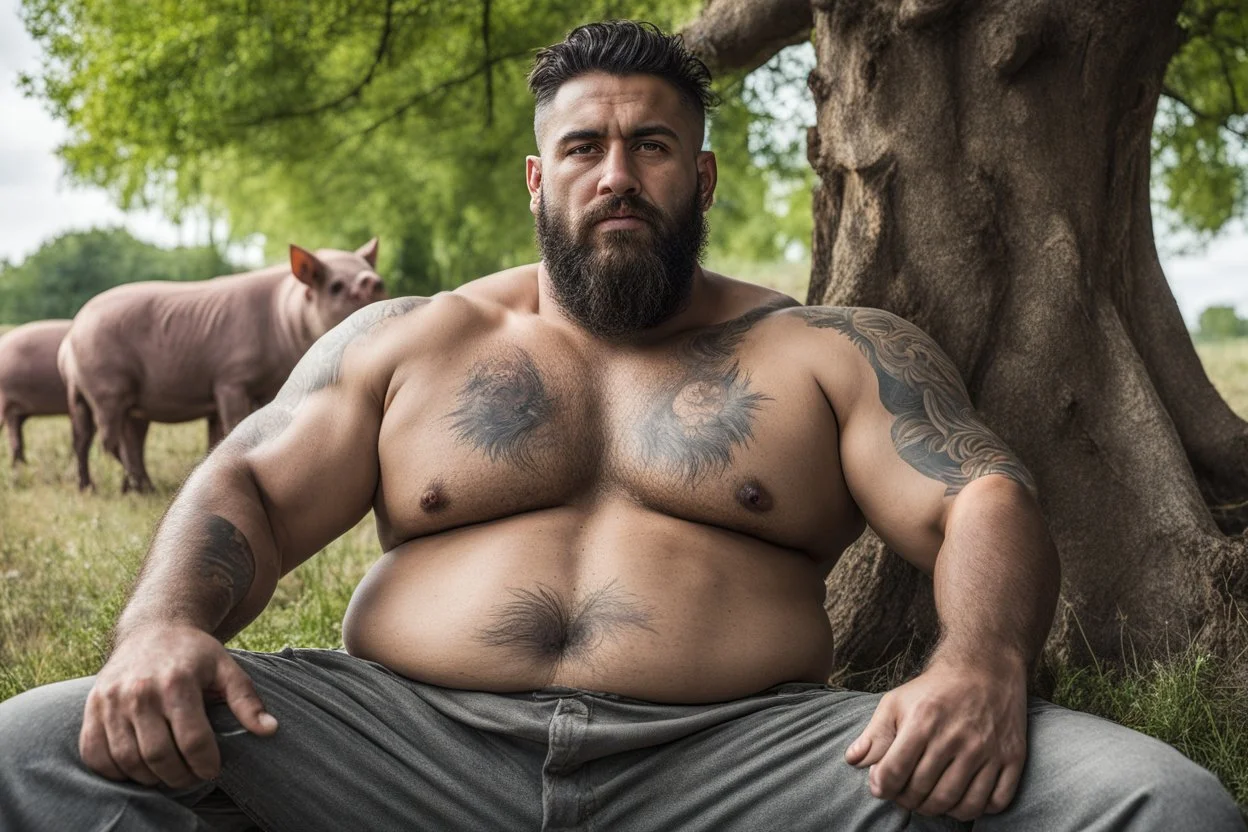 extreme close up of a 28 year old turkish farmer tattoed, sturdy, hairy very muscular overweight, with very short beard ,dreadlocks , big nose, big shoulders , big arms, relaxes sitting leaning against a tree in the middle of a meadow full of pigs, shirtless with ruined old shorts, strong and muscular hairy legs, bare feet, photorealistic bucolic scene, view from the bottom, looking at camera
