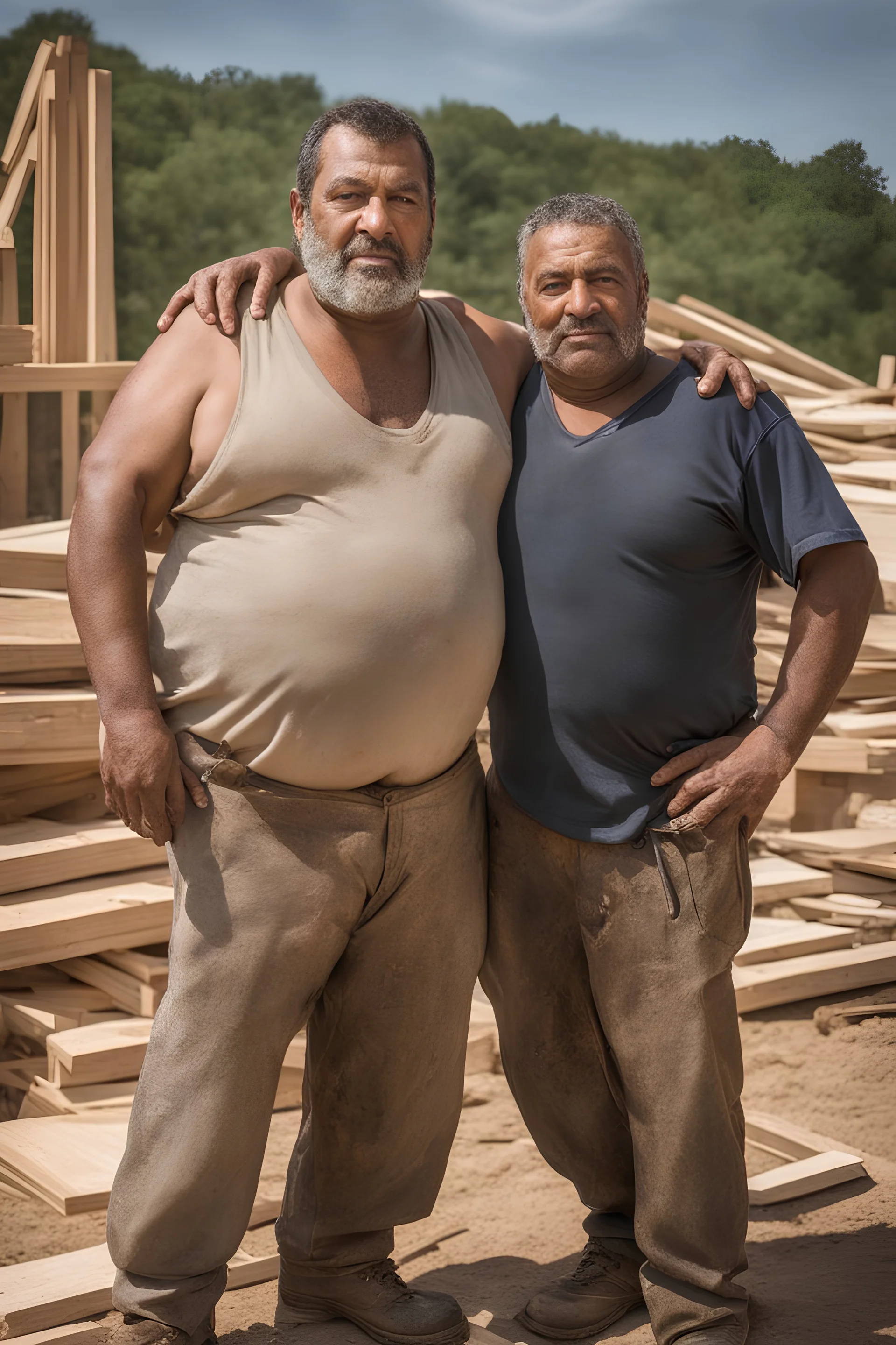 half figure shot photography of TWO ugly 48 year old stocky big chubby robust burly marocan carpenters close embraced, dirty,, wearing boxer, shirtless, chest, serious, very virile, short beard, short hair , in a sunny construction work area, photorealistic , photorealistic