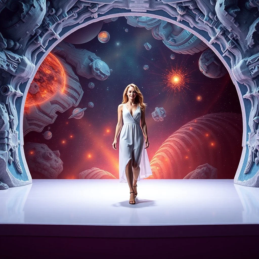 A full-body shot of a beautiful lady walking on a nice stage and looking at the camera 3D fractal interstellar world.
