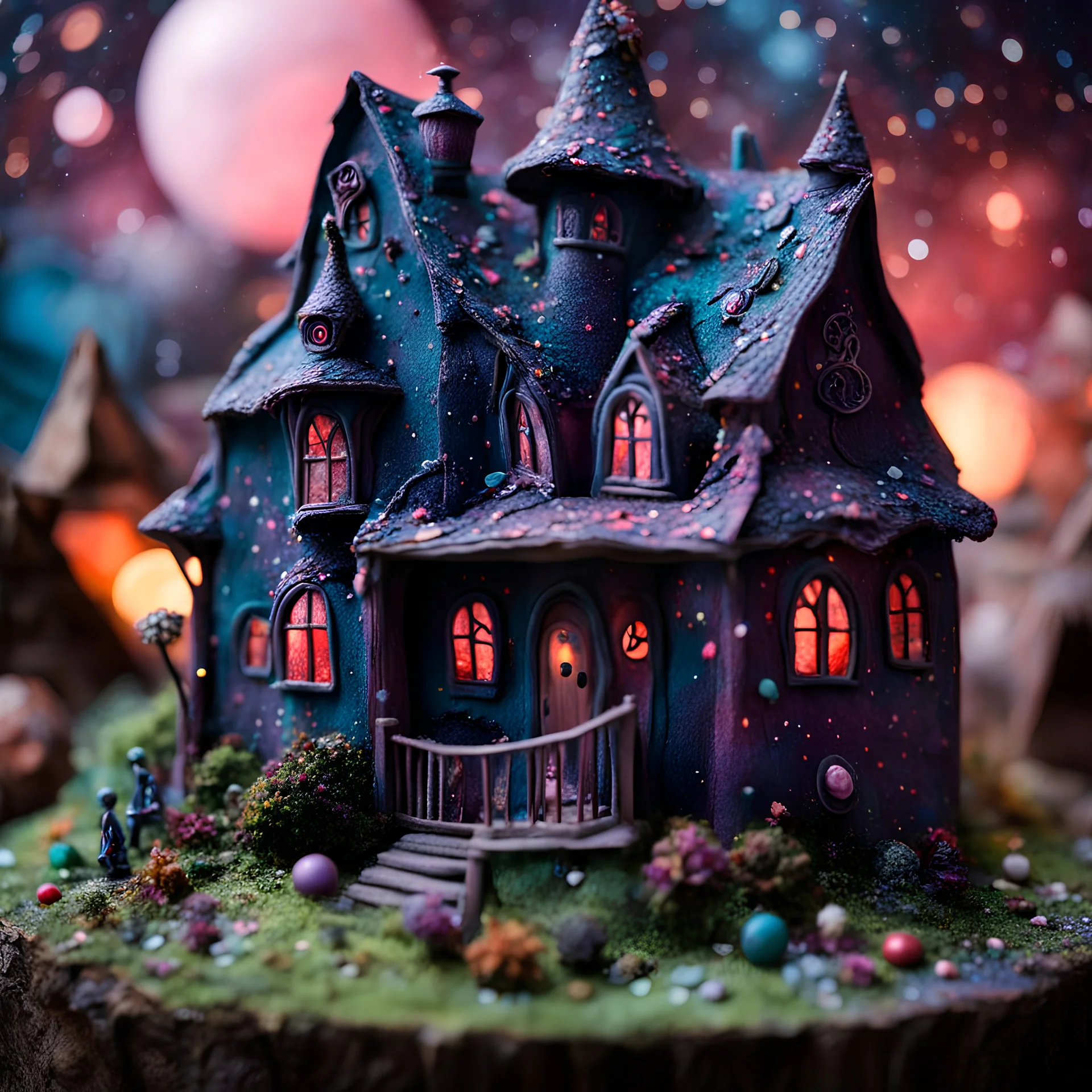 Detailed creepy house made of modeling clay, people, village, stars and planets, naïve, Tim Burton, strong texture, extreme detail, Max Ernst, decal, rich moody colors, sparkles, bokeh