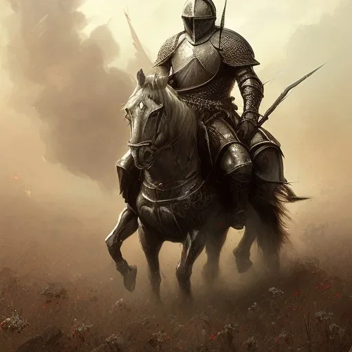 frank frazetta style, knight in full armor on battlefield, wasteland