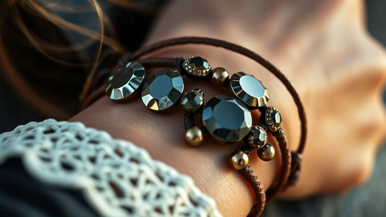 very close-up macro photo of a bracelet made of brown leather and gemms on a woman's wrist, detailed, sharp contrasts, realistic, cinematic, blur background