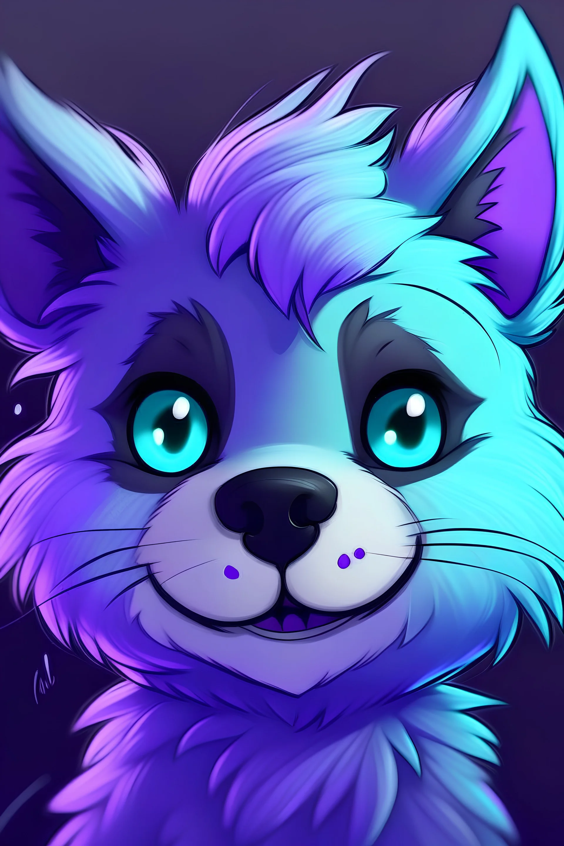 Creepy 2d art style of a purple furry. Cyan cheeks, a black nose, and a grey muzzle