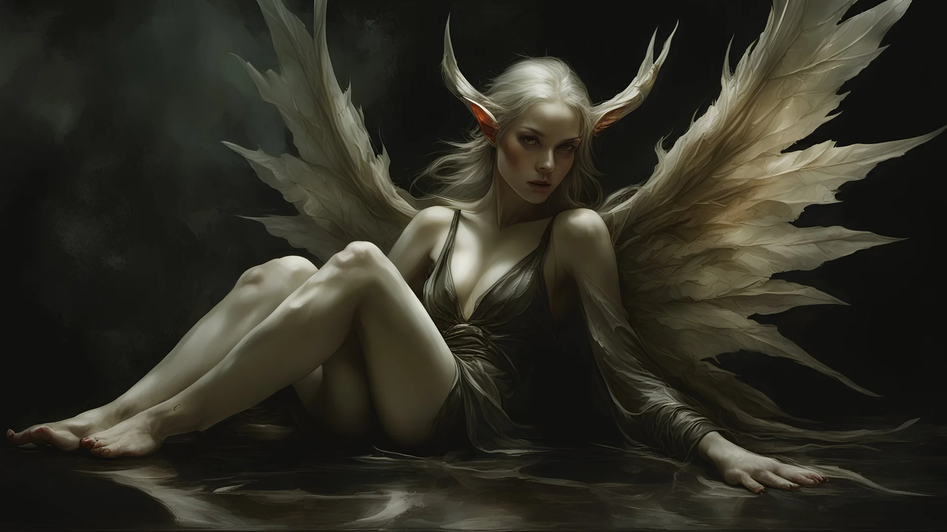 Demonic Elves with Wings,, Full Body Shot, Hyperrealistic, Photorealistic, Instant Details, darkness, by Raymond Swanland & Alyssa Monks & Anna Razumovskaya