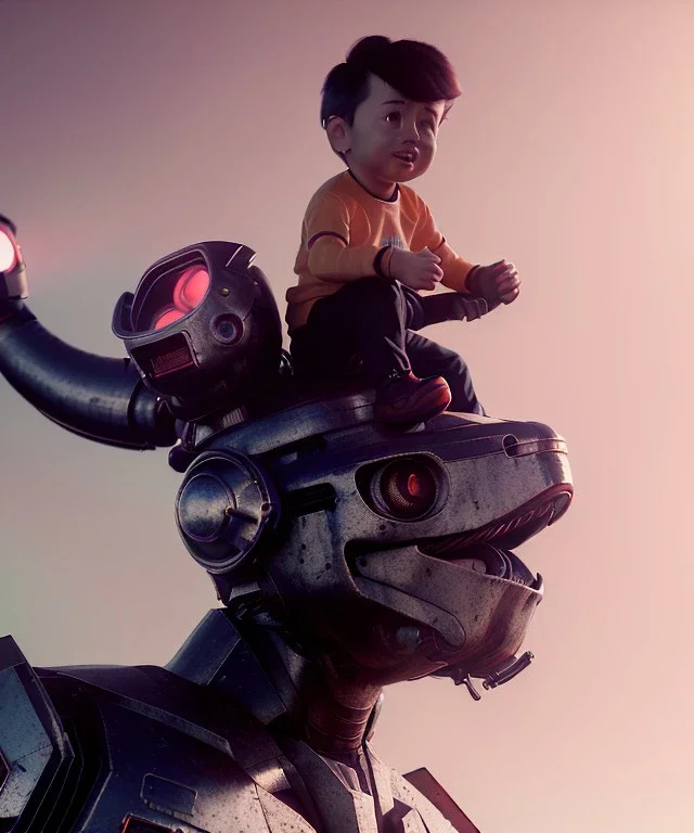 Portrait, cute boy climbed on top of a fat robot, Ultra realistic, retro futuristic style, wide angle view, soft color, highly detailed, unreal engine 5, ray tracing, RTX, lumen lighting, ultra detail, volumetric lighting, 3d, finely drawn, high definition.