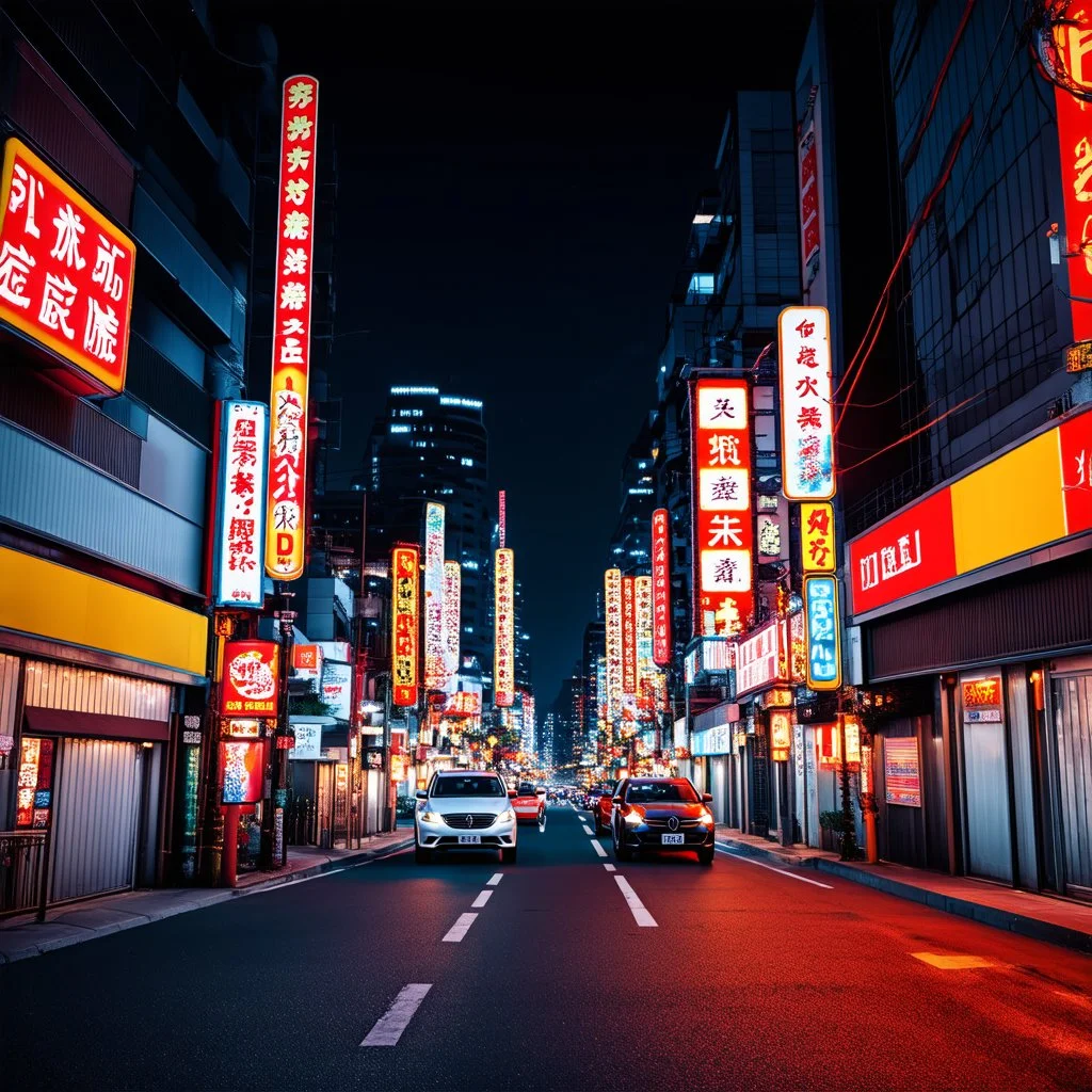 Long Exposure Time lapse photograph of Neon signs lighting up a busy futuristic Japanese city at night, deep neon colors, fantastical, intricate detail, splash screen, fantasy concept art, 8k resolution trending on Midjourney, Unreal Engine 5, artistic