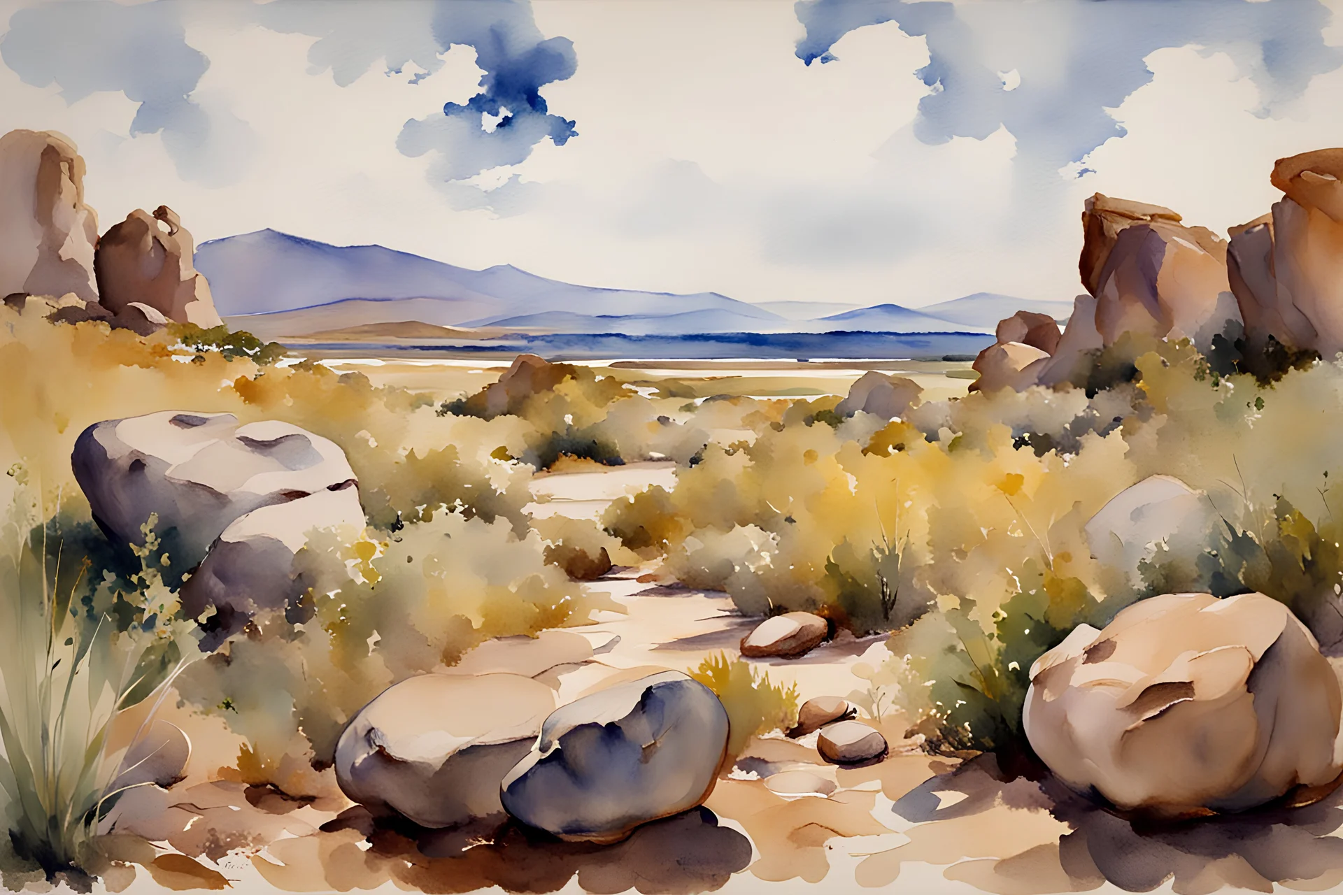 Sunny day, clouds, Rocks, mountains, weeds, rocky land, john singer sargent watercolor paintings