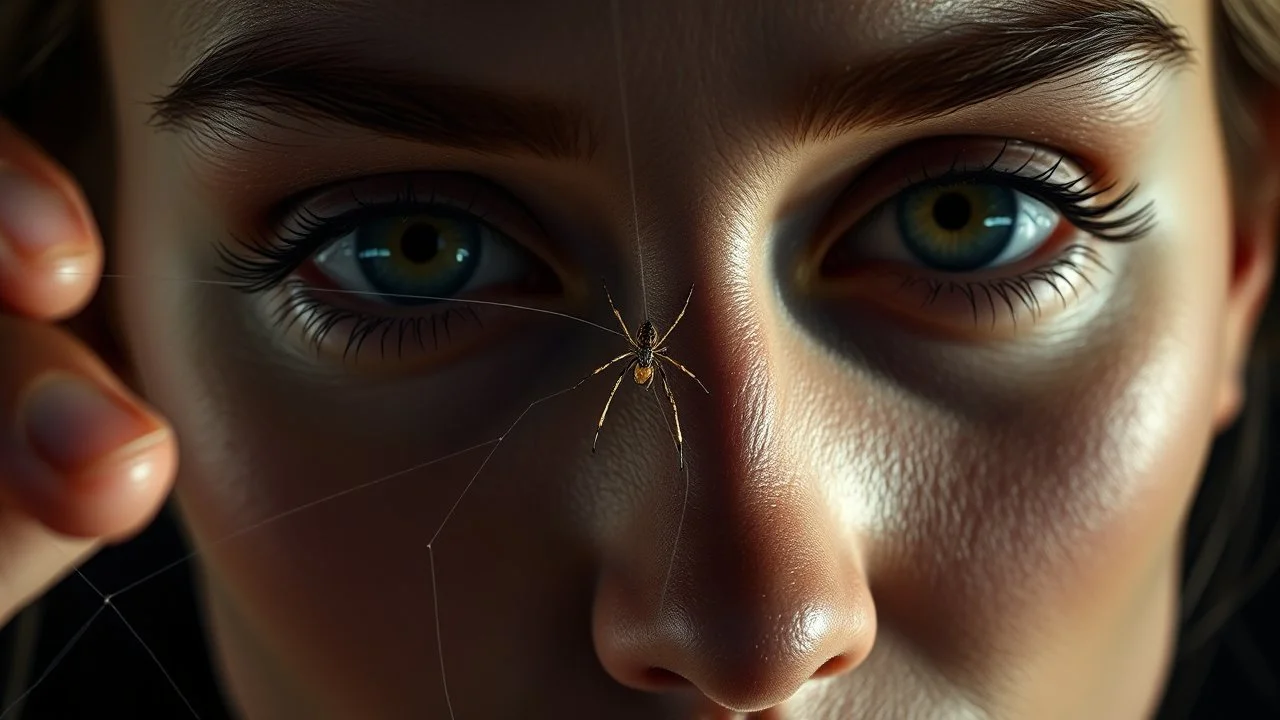 Extreme close-up portrait of a 28-year-old European woman with delicate makeup, a thin elegant spider weaving a web between her eyelashes as she looks directly at the camera, soft cinematic lighting, dark background, hyperrealistic painting style