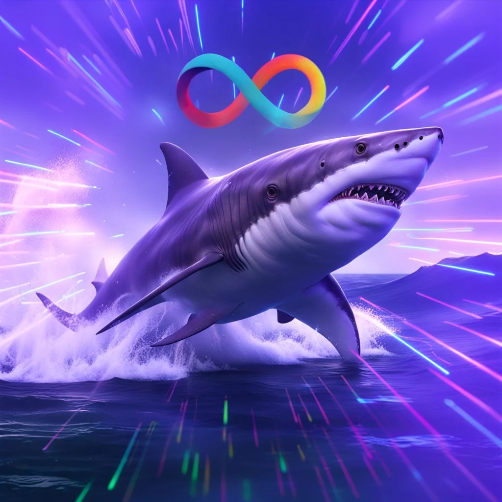infinity symbol ∞ with vibrant powerful shark jumping out of the sea, striking, neon, chiaroscuro, dramatic, captivating, powerful, fantasy, beautiful, octane render, 16k post-production, artstation: award-winning: atmospheric: commanding: fantastical: clarity: ultra quality: striking: brilliance: stunning colors: amazing depth; lens: f/11, 35mm