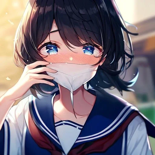 Clear focus,High resolution, Black short fluffy hair, and blue eyes, wearing a sailor uniform, blushing smiling with mouth open, crying, sad eyebrows