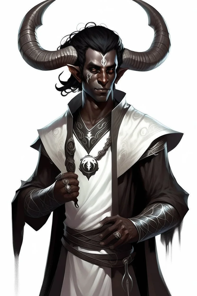 En Young male Black skin black hair tiefling Wizard with large horns same size going from the front to the back. glowing Silver and White symbols