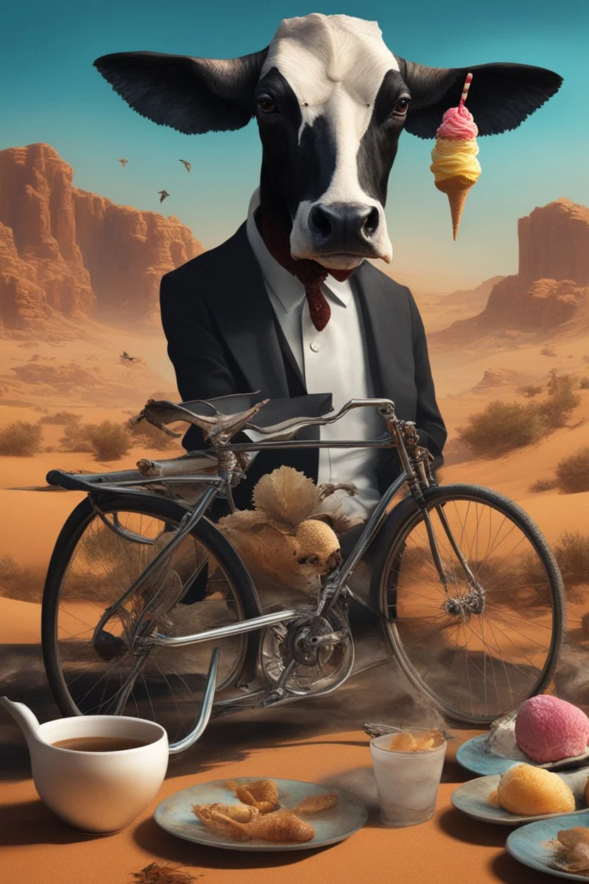 Surrealism abstract scene of an astraunot in the desert drinking tea, an ice cream stand, broken tricycle,.dead fish, black crow, a cow and a skull, hyper realistic, 8k quality, striking colours