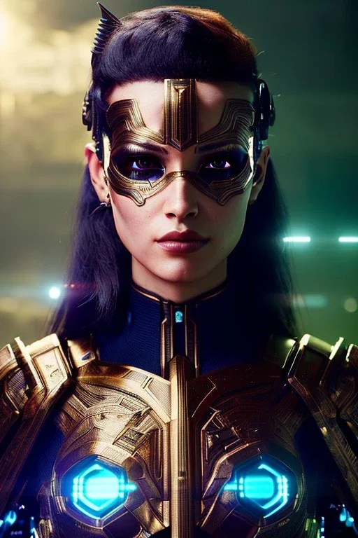 Cyborg warrior, waist up portrait, 8k resolution, intricate details, ornate details, soft lighting, vibrant colors, retroanime, masterpiece, intricate eyeliner, dark eyeshadow, eyes, facepaint, hair, intricate tattoos, jungle background