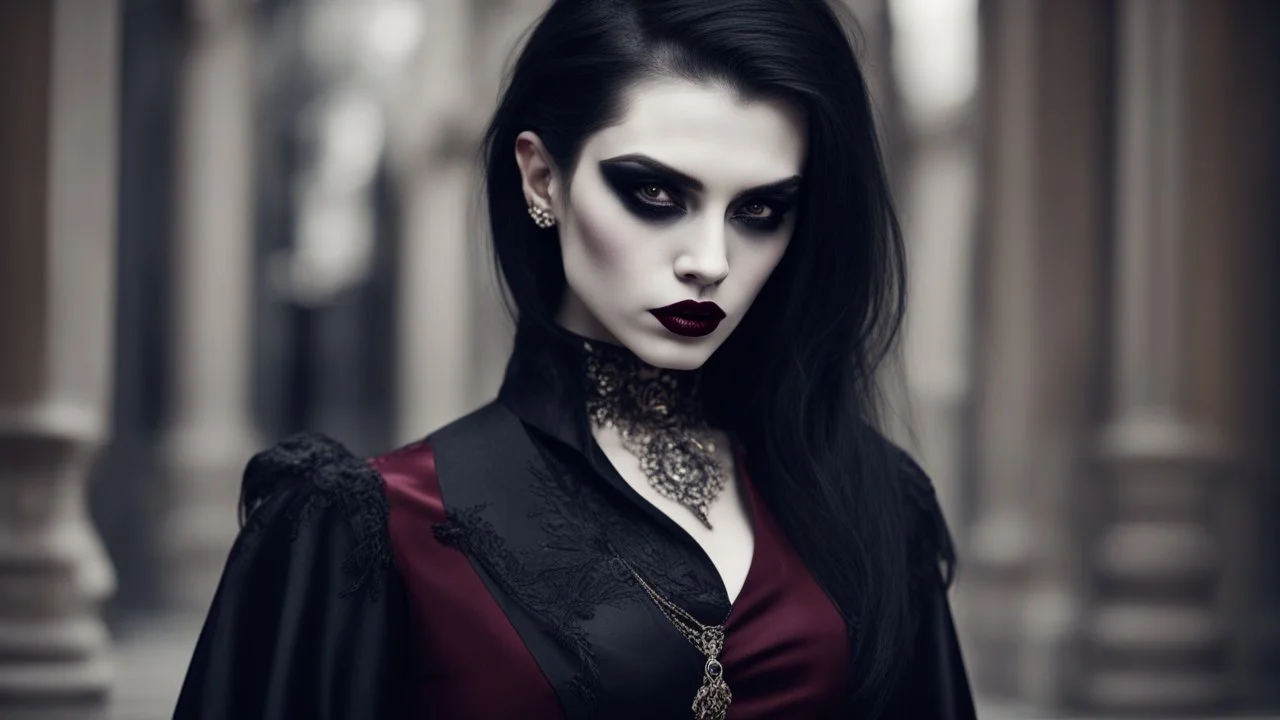 vampire goth fashion, women and men in pale face, black make up, black hair, long pointed dark nails, goth clothes and jewelry, black, silver, gold, burgundy fashion colors, High detailed, sharp focus, looking at the camera, cinematic, masterpiece, high realistic, fashion photo