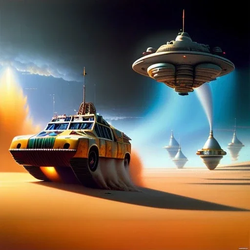 volumetric desert environment, chris foss style painting, hovercraft, highly detailed