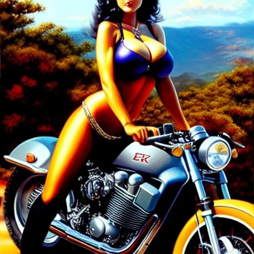 portrait of busty beautiful 'Female Rider on Akira's Bike',painting by Earl Norem, simon Bisley, evan lee, 86-86, oil on canvas, cinematic composition, extreme detail,fit full head inside picture,8k