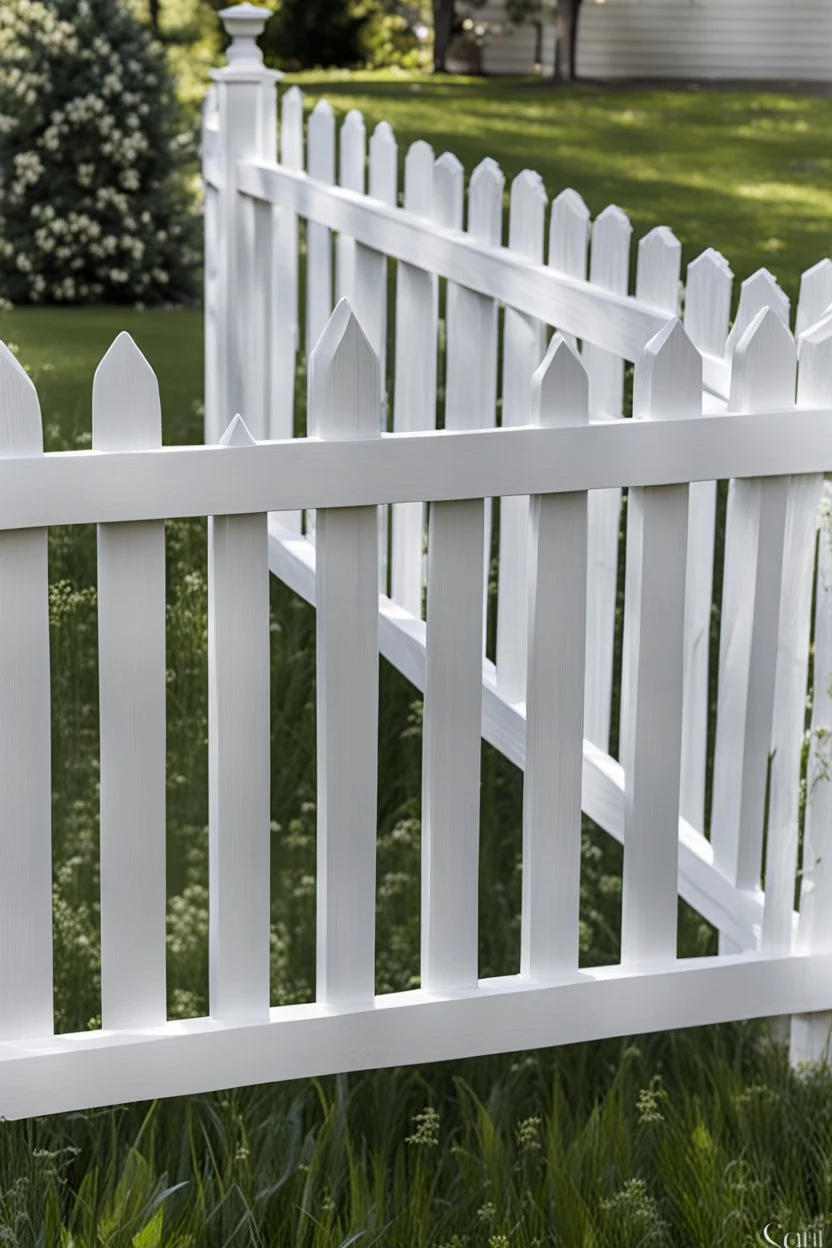 white vinyl fence in yard, photograph