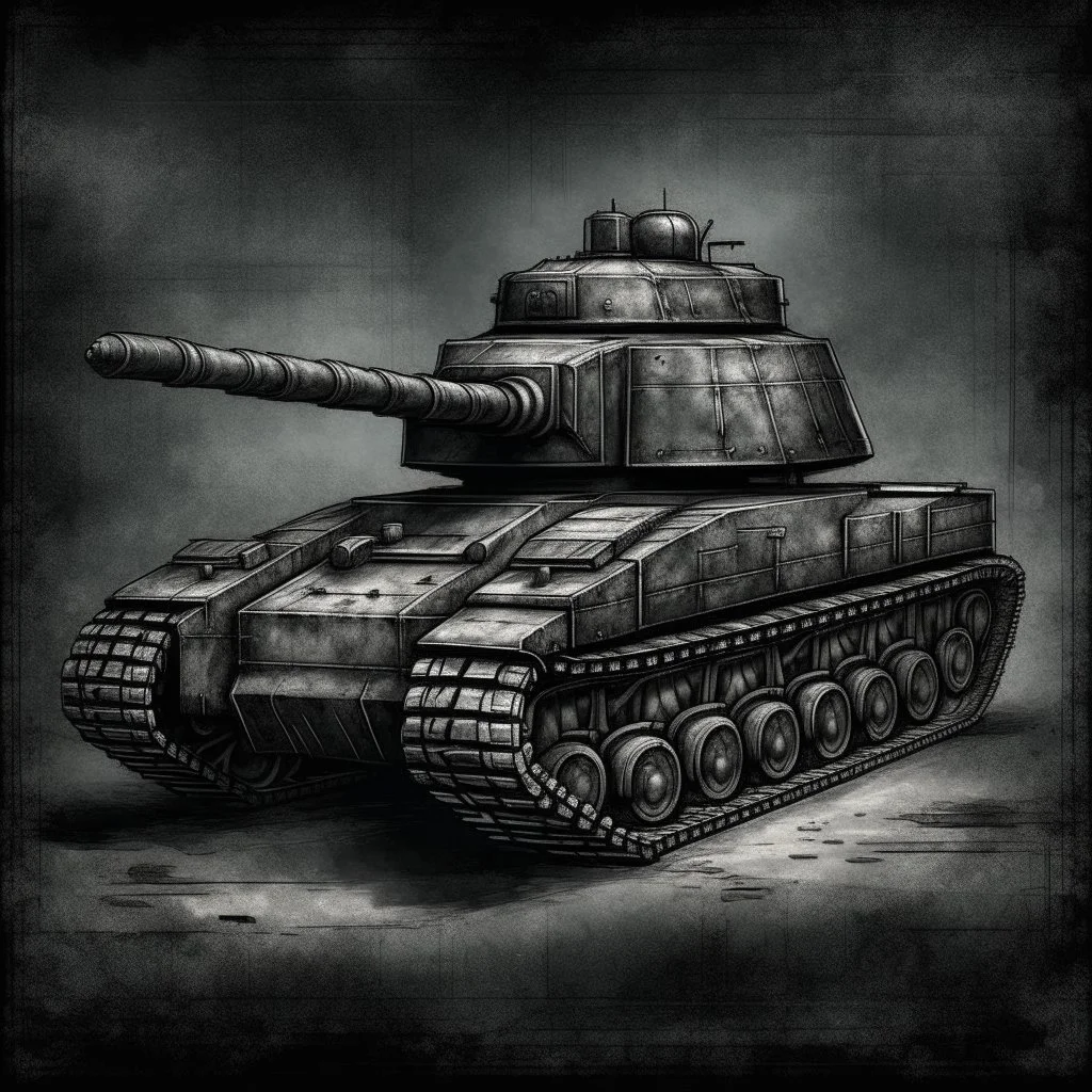 An old German army tank a side view , Hyper Realistic Aerial Grungy Dark-Grey Brush strokes on a dark rustic background with charcoals