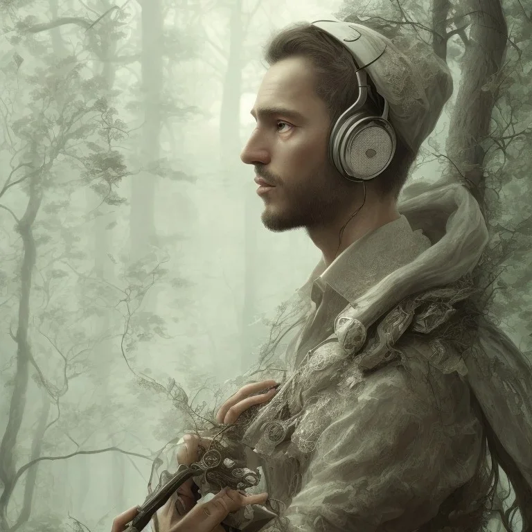 A man hearing music with head phones without caring what is going around him, renaissance, glass skin, forest background, intricate, elegant, highly detailed, digital painting, , sharp focus, illustration,