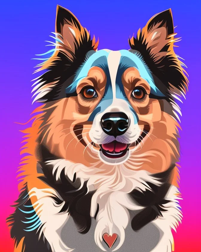 Vibrant, fun t-shirt design of a stylish Australian Shepherd dog with cool sunglasses and relaxed demeanor. The coat is a gradient mix of blue, red and white. The background is a fun red heart-shaped silhouette. The overall design is visually striking and would turn heads on a (((black t-shirt)))