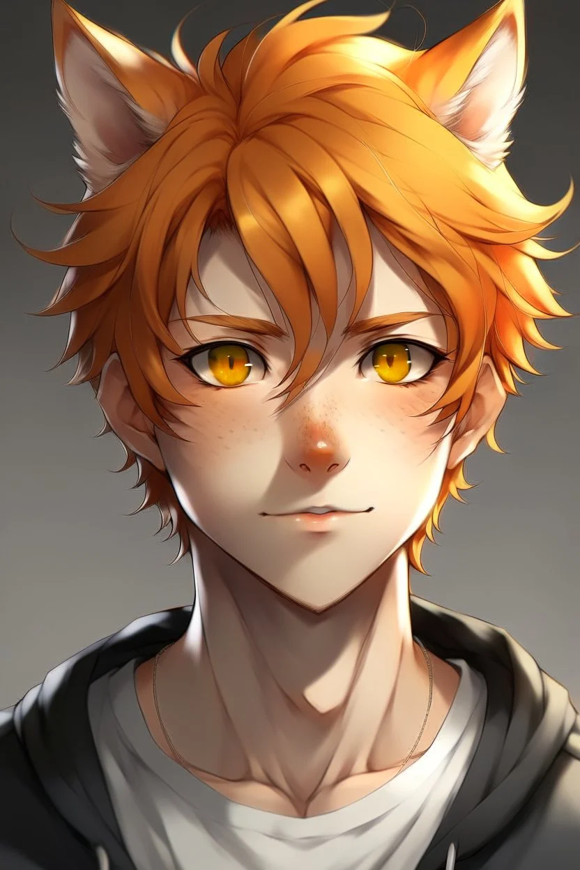 A young adult male human, cat ears, orange messy hair anime realistic