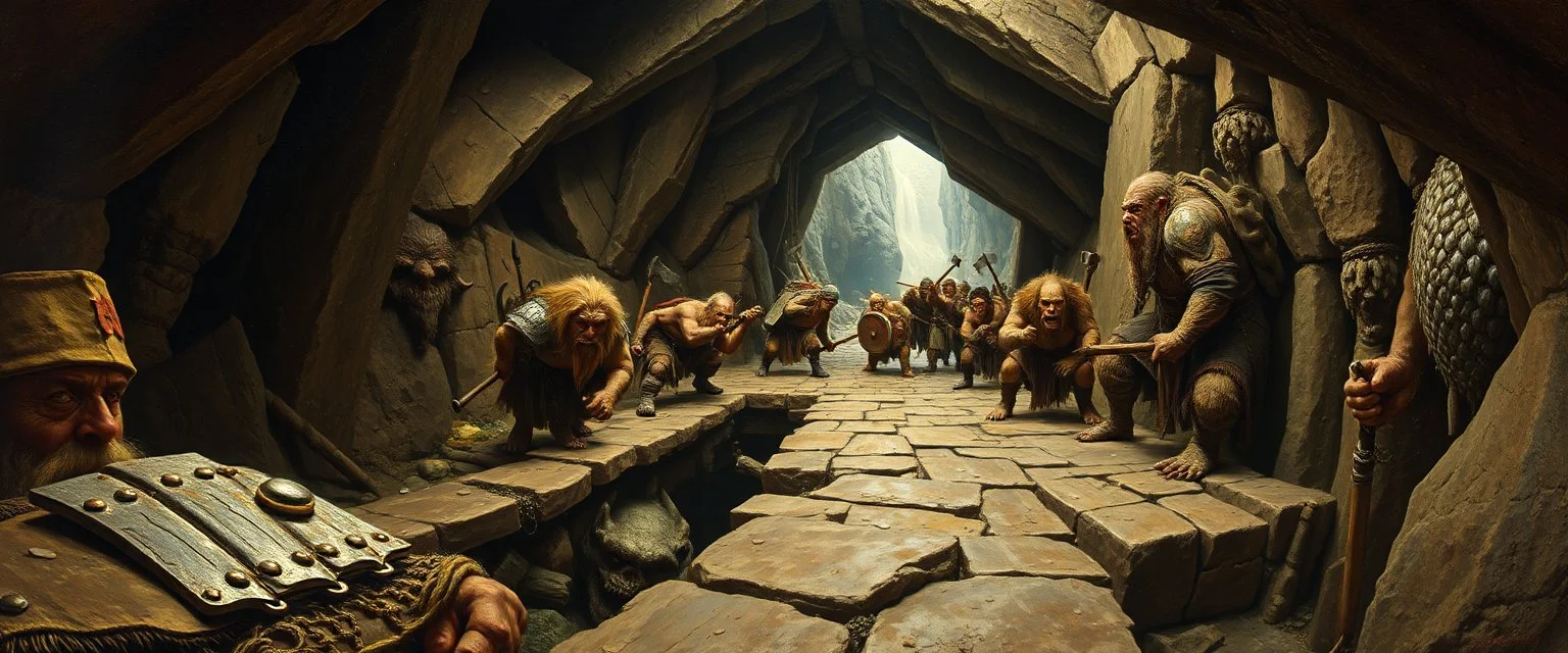 pin hole cam, master oil painting by Rembrandt, realistic rendering wild battle on underground bridge, dwarves wielding pickaxes, orcs and mountain trolls, bugbears, bridge is kinda collapsing