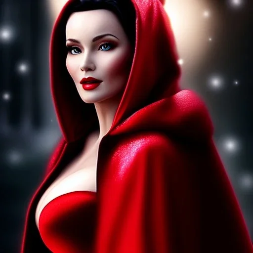 Ultra detailed fullbody Portrait in oil on canvas of beautiful busty mature Snow White with red cape with hoodie and wolf ,extremely detailed digital painting,ultrarealistic skin,intense stare, extremely detailed face, crystal clear eyes, mystical colors ,perfectly centered image, perfect composition, rim light, beautiful lighting,masterpiece ,8k, stunning scene, raytracing, anatomically correct, in the style of Simon Bisley and uncannyknack and Ohrai Noriyoshi and robert e howard and Steve Jung