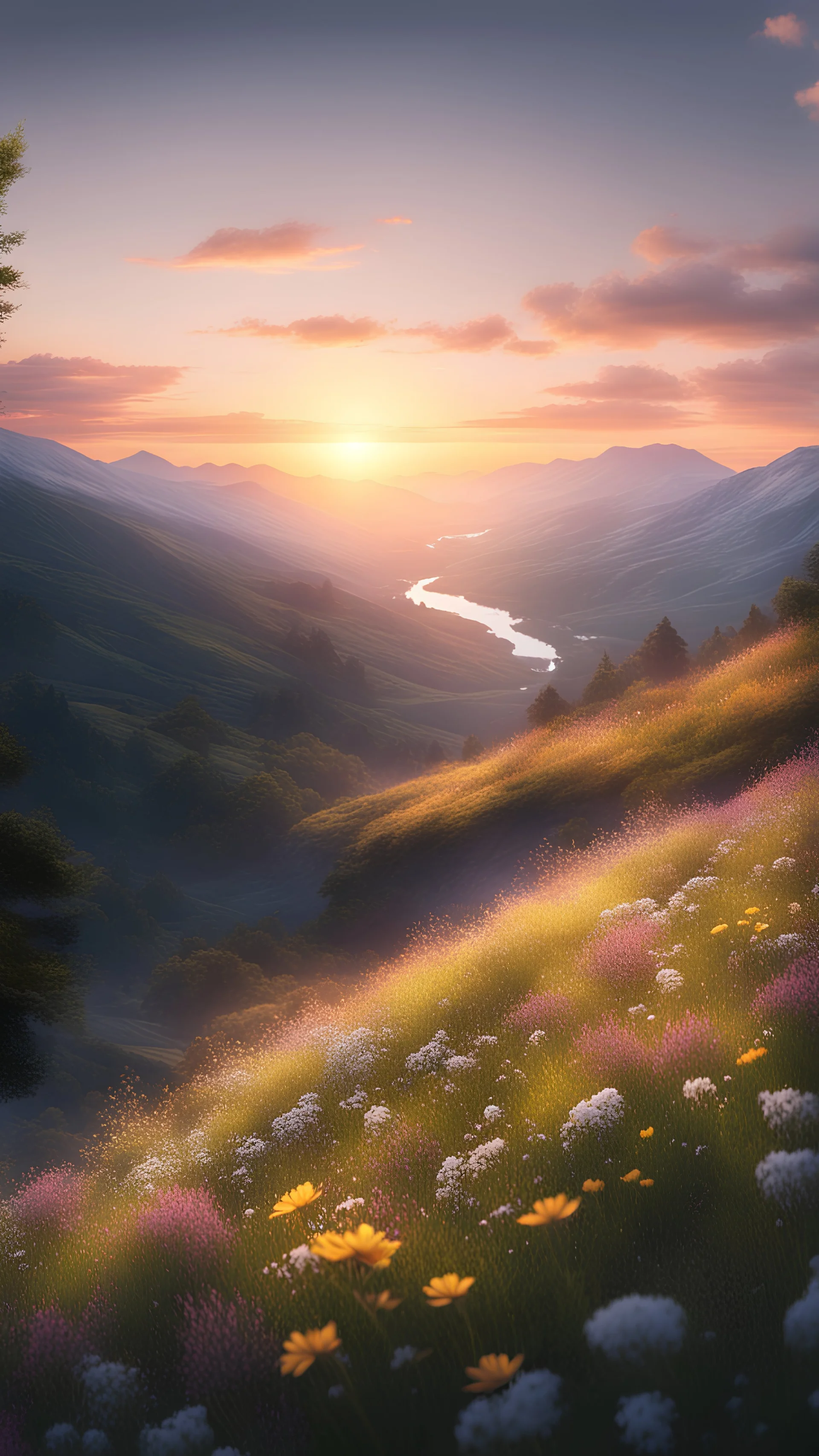 Sunset, hillside full of wildflowers, rich detail, light, depth of field, light and shadow effects, gradient, vista, river, mountain, forest, sunset, snowy mountain, 8K ultra high resolution