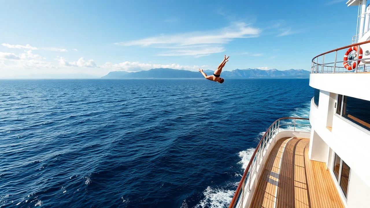 Please create a vivid and detailed scene depicting a luxurious ship sailing on the open sea, with stunning mountains visible in the distance. On the deck of the ship, there should be a professional diving board where a skilled female diver performs an impressive dive into the water, executing twists and turns mid-air. The description should capture the elegance of the ship, the beauty of the surrounding landscape, and the gracefulness of the diver's movements. Please structure the output in a na